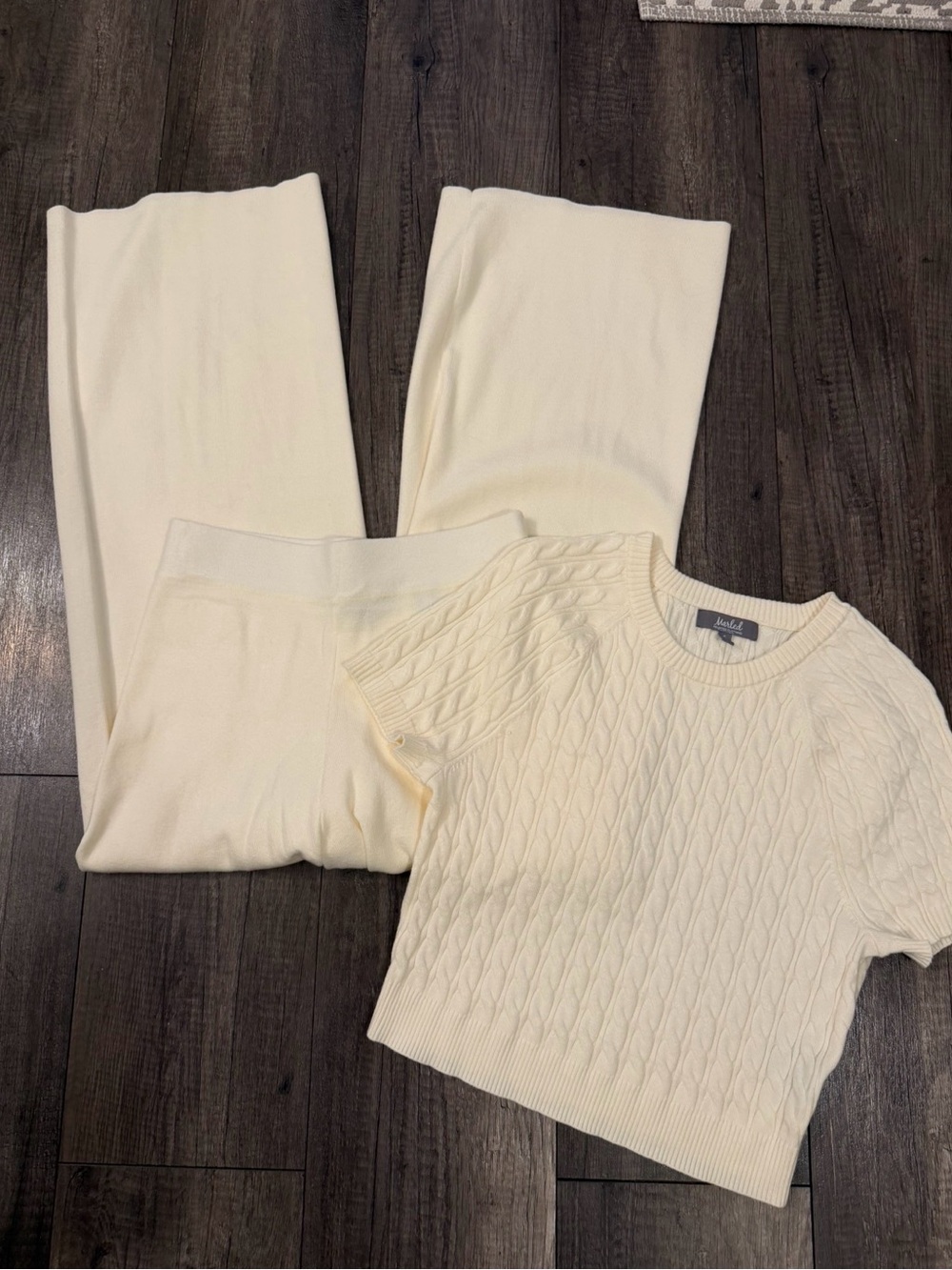 Marled Cream Cable-Knit Wide Leg Pants & Short Sleeve Sweater Set